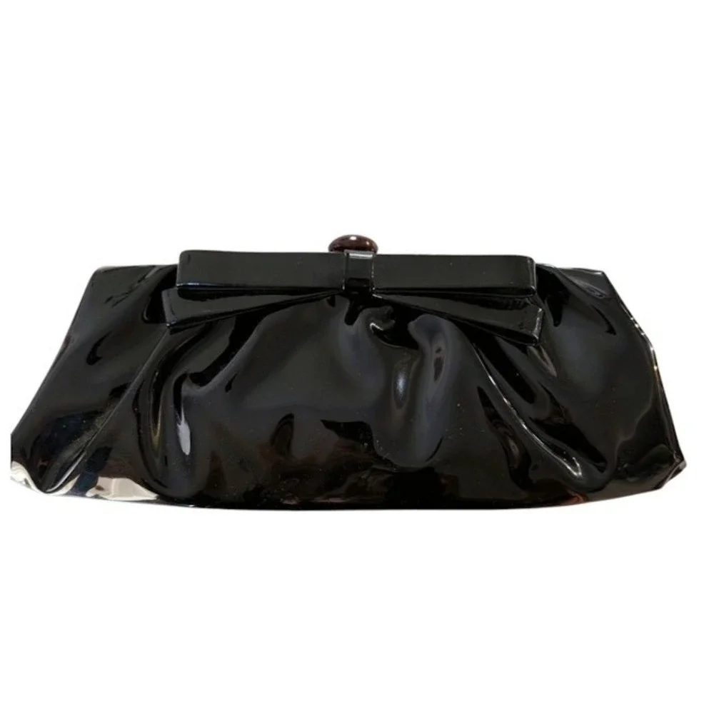 Vintage Style Black Patent Ruched Bow Clutch Gold Frame Amber Kiss Lock‎ Bag